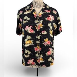 Caribbean Joe Black & Pink Tropical Floral Button Down Shirt Size M